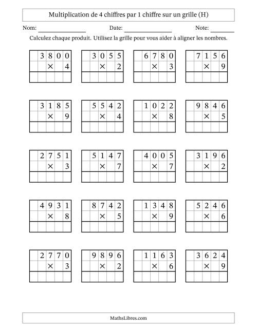 Multiplication de 4 chiffres par 1 chiffre avec l'aide d'une grille sans retenue (H)