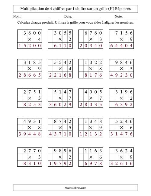 Multiplication de 4 chiffres par 1 chiffre avec l'aide d'une grille sans retenue (H) page 2