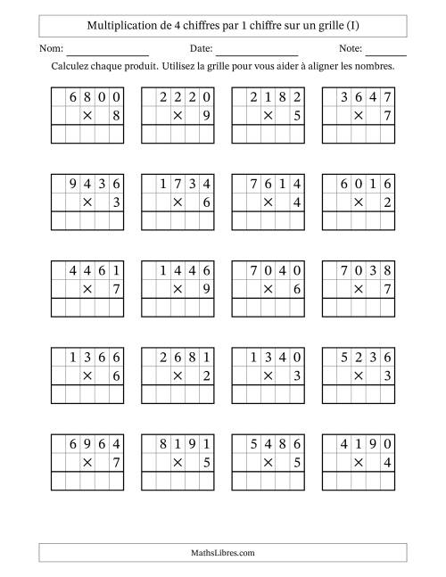 Multiplication de 4 chiffres par 1 chiffre avec l'aide d'une grille sans retenue (I)