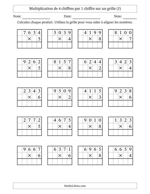 Multiplication de 4 chiffres par 1 chiffre avec l'aide d'une grille sans retenue (J)