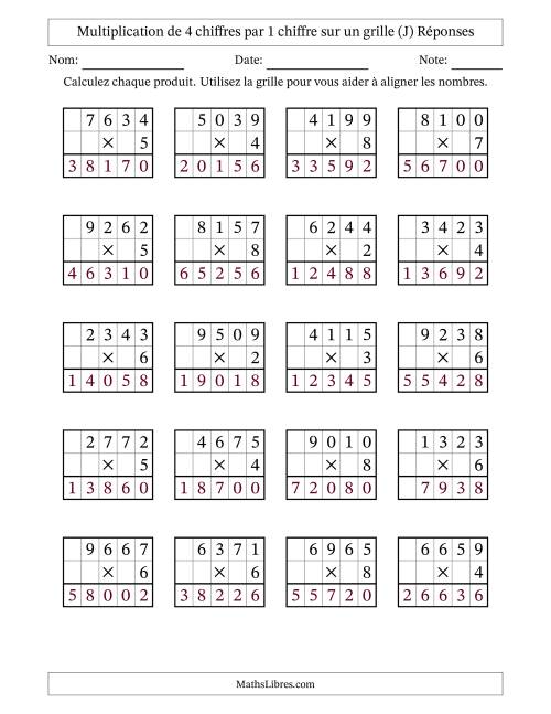 Multiplication de 4 chiffres par 1 chiffre avec l'aide d'une grille sans retenue (J) page 2