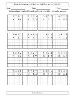 Multiplication de 4 chiffres par 2 chiffres avec l'aide d'une grille sans retenue