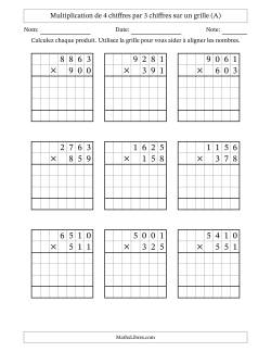 Multiplication de 4 chiffres par 3 chiffres avec l'aide d'une grille sans retenue