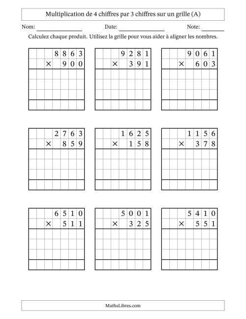 Multiplication de 4 chiffres par 3 chiffres avec l'aide d'une grille sans retenue (A)