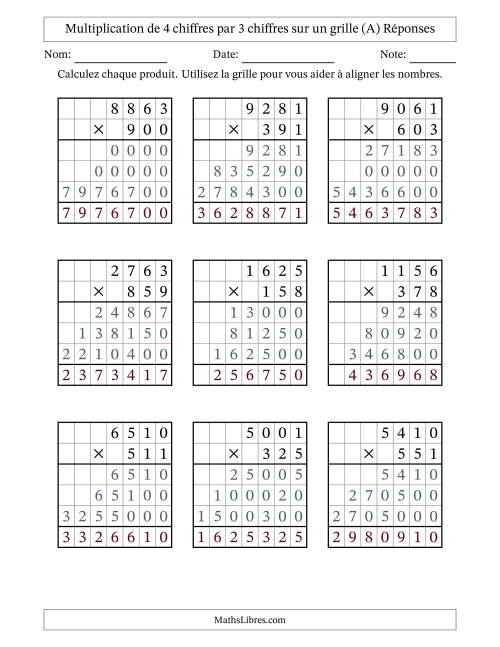 Multiplication de 4 chiffres par 3 chiffres avec l'aide d'une grille sans retenue (A) page 2