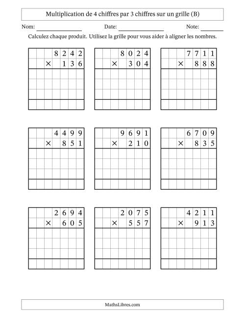 Multiplication de 4 chiffres par 3 chiffres avec l'aide d'une grille sans retenue (B)