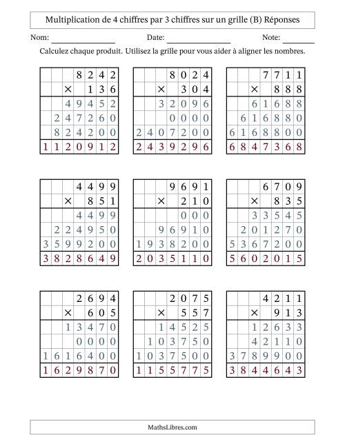 Multiplication de 4 chiffres par 3 chiffres avec l'aide d'une grille sans retenue (B) page 2