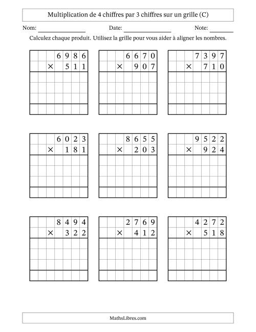 Multiplication de 4 chiffres par 3 chiffres avec l'aide d'une grille sans retenue (C)