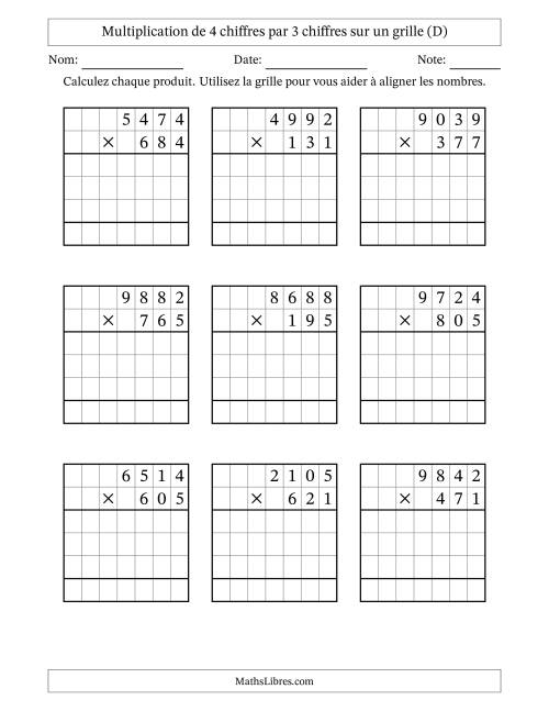 Multiplication de 4 chiffres par 3 chiffres avec l'aide d'une grille sans retenue (D)