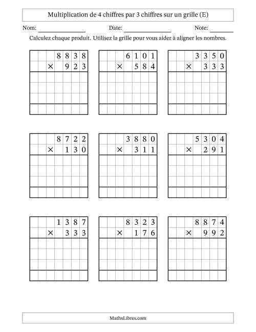 Multiplication de 4 chiffres par 3 chiffres avec l'aide d'une grille sans retenue (E)