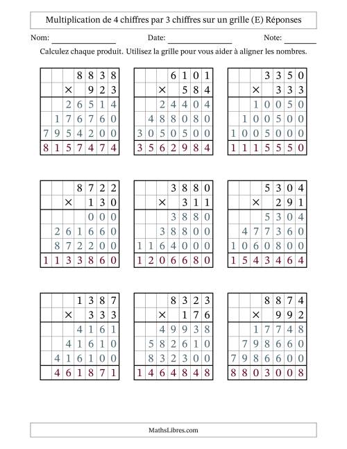 Multiplication de 4 chiffres par 3 chiffres avec l'aide d'une grille sans retenue (E) page 2