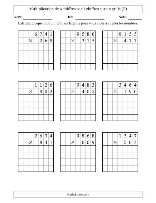 Multiplication de 4 chiffres par 3 chiffres avec l'aide d'une grille sans retenue (F)