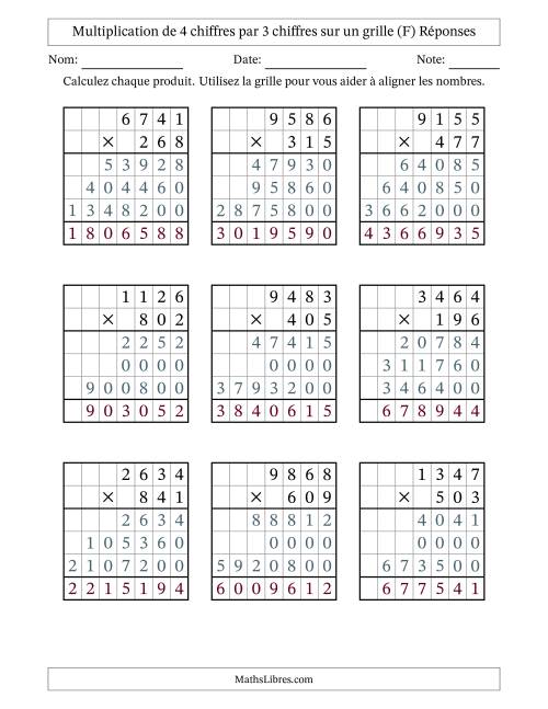 Multiplication de 4 chiffres par 3 chiffres avec l'aide d'une grille sans retenue (F) page 2