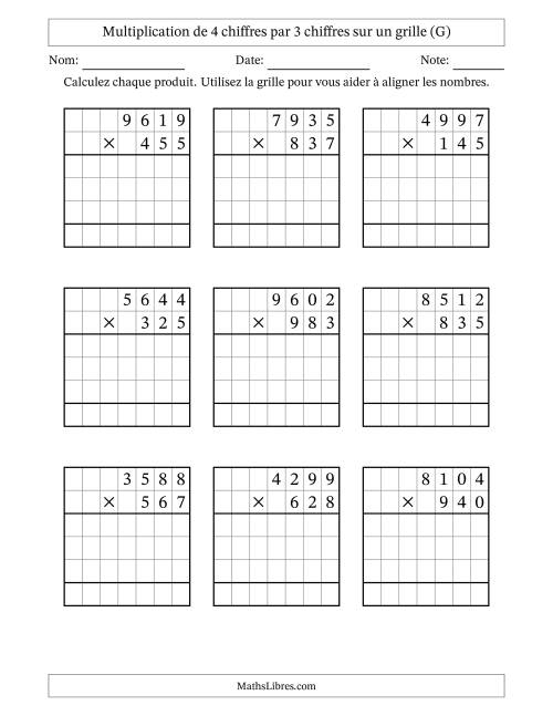 Multiplication de 4 chiffres par 3 chiffres avec l'aide d'une grille sans retenue (G)