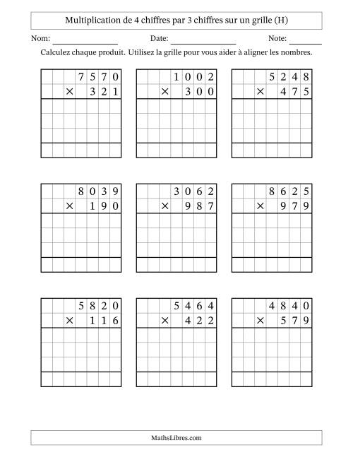 Multiplication de 4 chiffres par 3 chiffres avec l'aide d'une grille sans retenue (H)