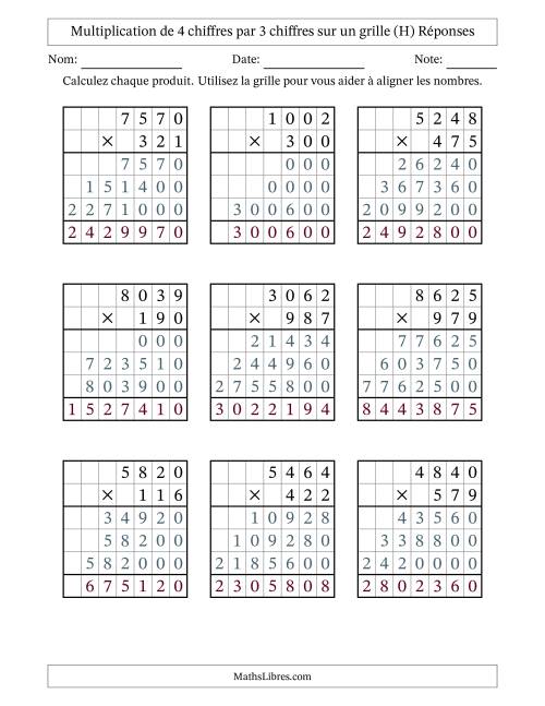 Multiplication de 4 chiffres par 3 chiffres avec l'aide d'une grille sans retenue (H) page 2