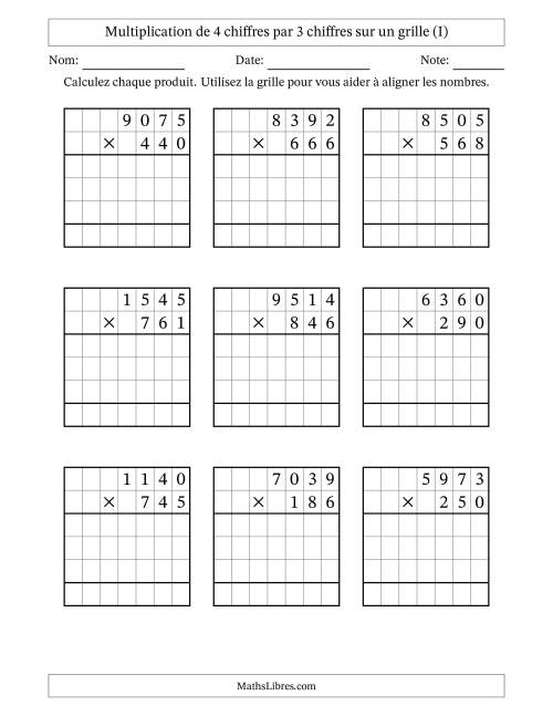 Multiplication de 4 chiffres par 3 chiffres avec l'aide d'une grille sans retenue (I)