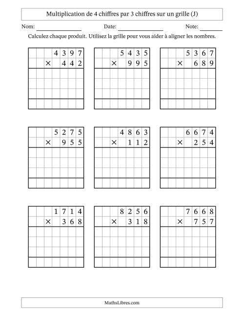 Multiplication de 4 chiffres par 3 chiffres avec l'aide d'une grille sans retenue (J)