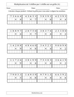 Multiplication de 5 chiffres par 1 chiffre avec l'aide d'une grille sans retenue