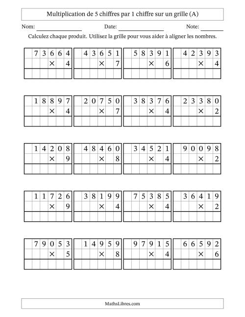 Multiplication de 5 chiffres par 1 chiffre avec l'aide d'une grille sans retenue (A)