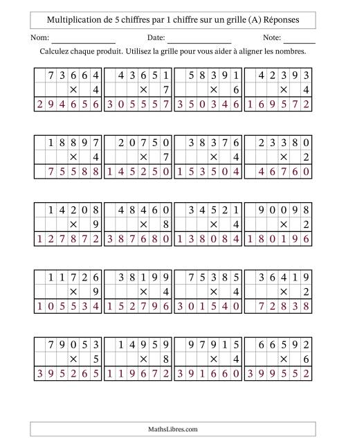 Multiplication de 5 chiffres par 1 chiffre avec l'aide d'une grille sans retenue (A) page 2