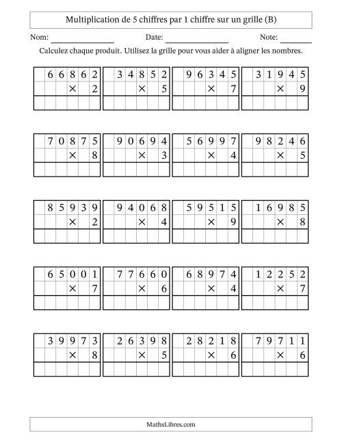 Multiplication de 5 chiffres par 1 chiffre avec l'aide d'une grille sans retenue (B)