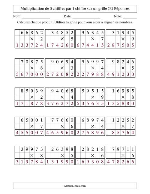 Multiplication de 5 chiffres par 1 chiffre avec l'aide d'une grille sans retenue (B) page 2