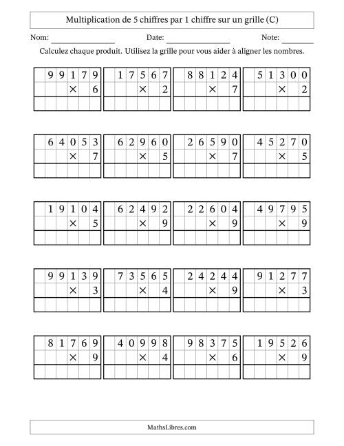 Multiplication de 5 chiffres par 1 chiffre avec l'aide d'une grille sans retenue (C)