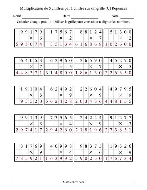 Multiplication de 5 chiffres par 1 chiffre avec l'aide d'une grille sans retenue (C) page 2