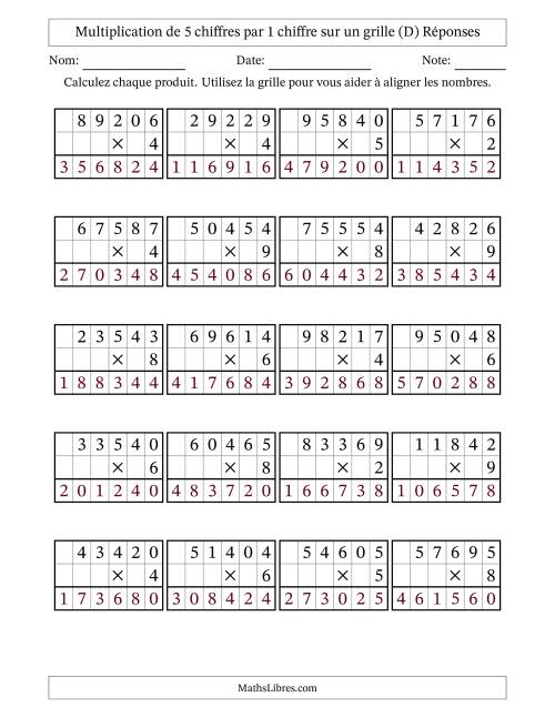 Multiplication de 5 chiffres par 1 chiffre avec l'aide d'une grille sans retenue (D) page 2