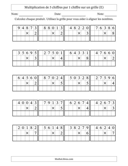 Multiplication de 5 chiffres par 1 chiffre avec l'aide d'une grille sans retenue (E)