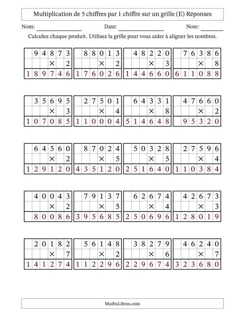 Multiplication de 5 chiffres par 1 chiffre avec l'aide d'une grille sans retenue (E) page 2