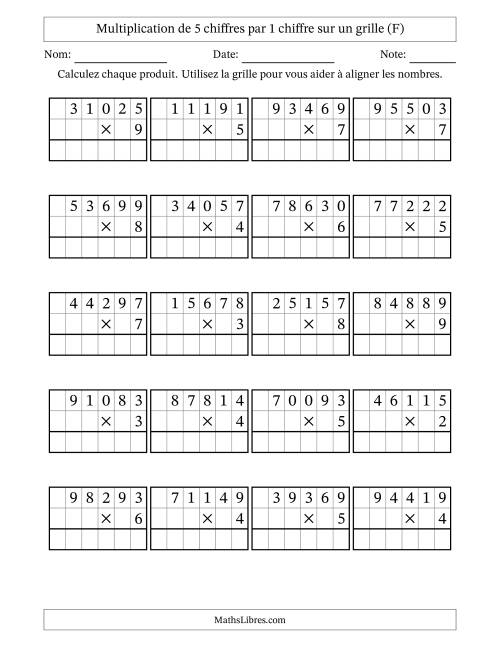 Multiplication de 5 chiffres par 1 chiffre avec l'aide d'une grille sans retenue (F)