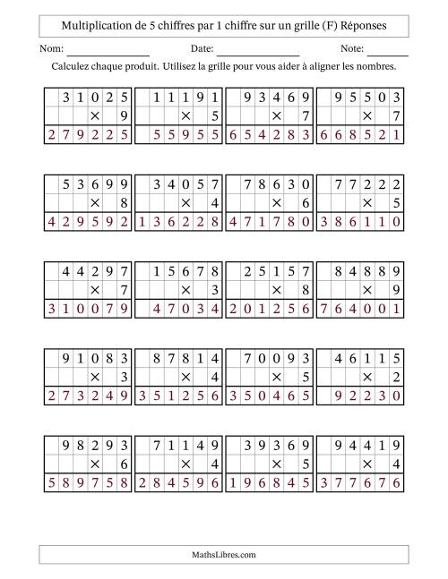 Multiplication de 5 chiffres par 1 chiffre avec l'aide d'une grille sans retenue (F) page 2