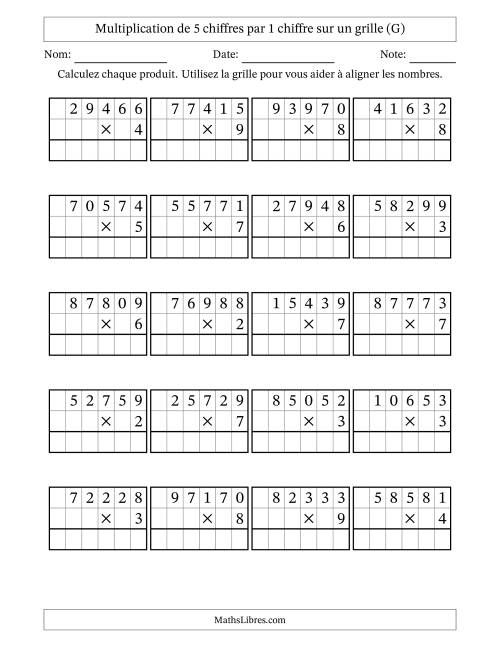 Multiplication de 5 chiffres par 1 chiffre avec l'aide d'une grille sans retenue (G)