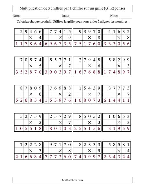 Multiplication de 5 chiffres par 1 chiffre avec l'aide d'une grille sans retenue (G) page 2