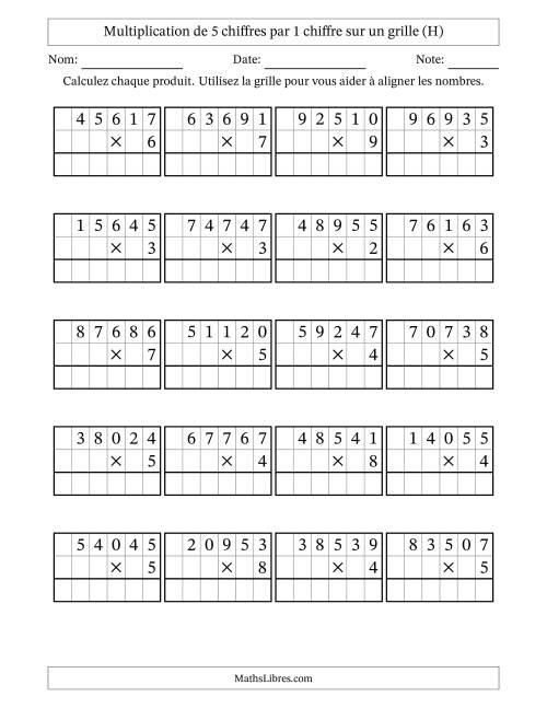 Multiplication de 5 chiffres par 1 chiffre avec l'aide d'une grille sans retenue (H)