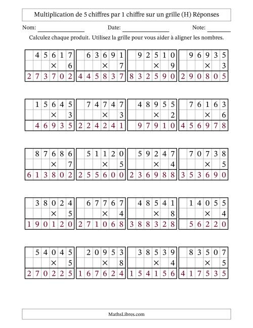 Multiplication de 5 chiffres par 1 chiffre avec l'aide d'une grille sans retenue (H) page 2