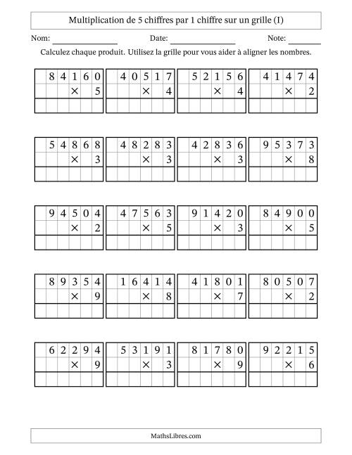 Multiplication de 5 chiffres par 1 chiffre avec l'aide d'une grille sans retenue (I)