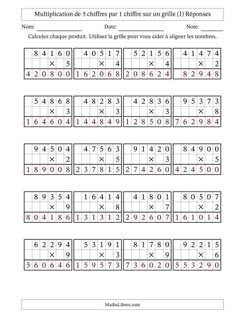 Multiplication de 5 chiffres par 1 chiffre avec l'aide d'une grille sans retenue (I) page 2