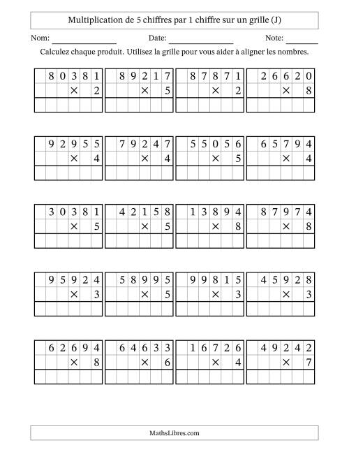 Multiplication de 5 chiffres par 1 chiffre avec l'aide d'une grille sans retenue (J)