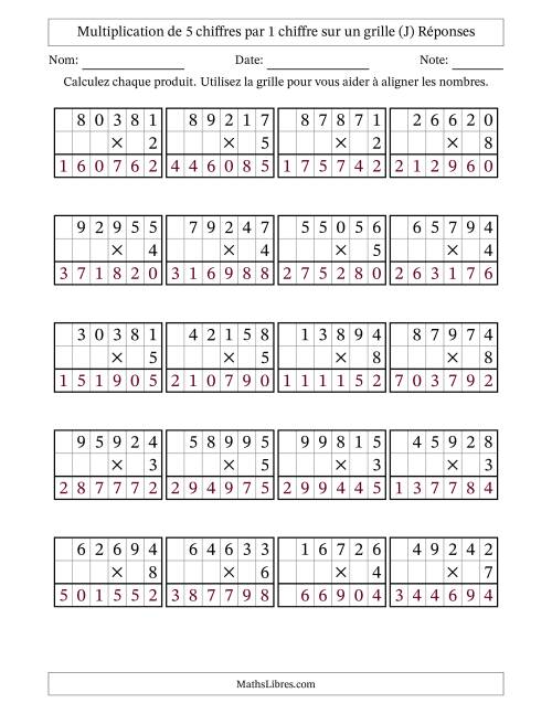 Multiplication de 5 chiffres par 1 chiffre avec l'aide d'une grille sans retenue (J) page 2