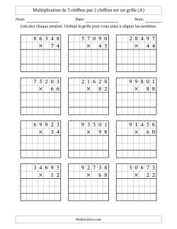 Multiplication de 5 chiffres par 2 chiffres avec l'aide d'une grille sans retenue