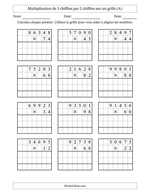 Multiplication de 5 chiffres par 2 chiffres avec l'aide d'une grille sans retenue (A)