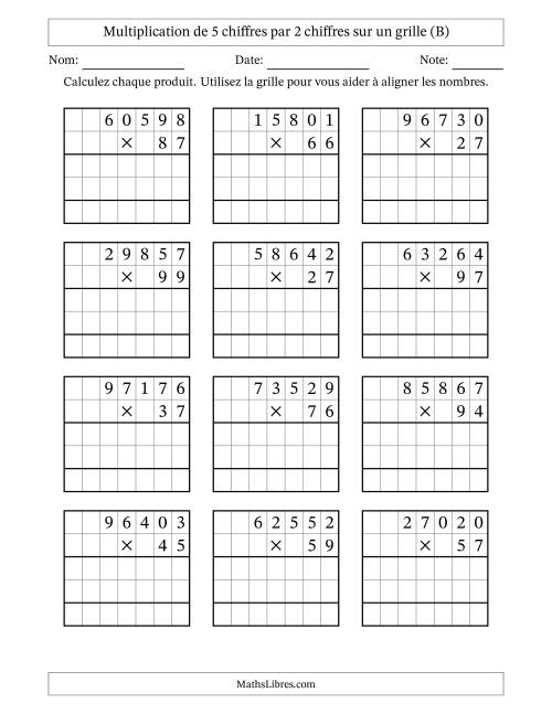 Multiplication de 5 chiffres par 2 chiffres avec l'aide d'une grille sans retenue (B)