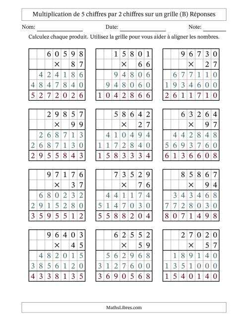 Multiplication de 5 chiffres par 2 chiffres avec l'aide d'une grille sans retenue (B) page 2