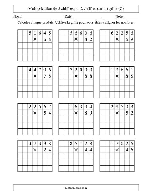 Multiplication de 5 chiffres par 2 chiffres avec l'aide d'une grille sans retenue (C)