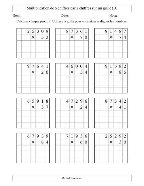 Multiplication de 5 chiffres par 2 chiffres avec l'aide d'une grille sans retenue (D)