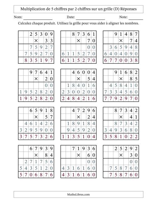 Multiplication de 5 chiffres par 2 chiffres avec l'aide d'une grille sans retenue (D) page 2