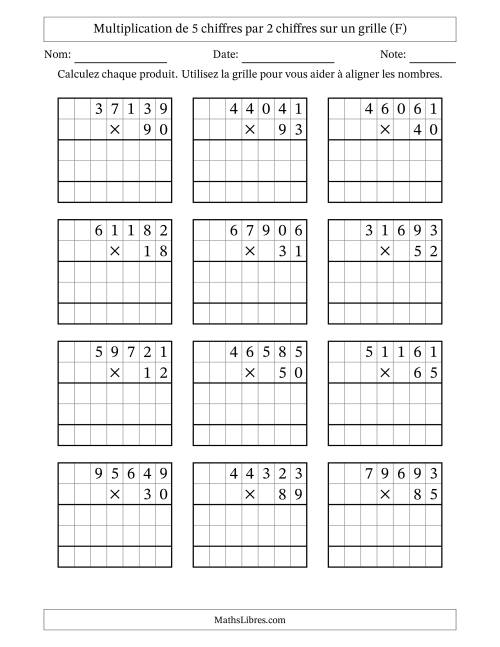 Multiplication de 5 chiffres par 2 chiffres avec l'aide d'une grille sans retenue (F)